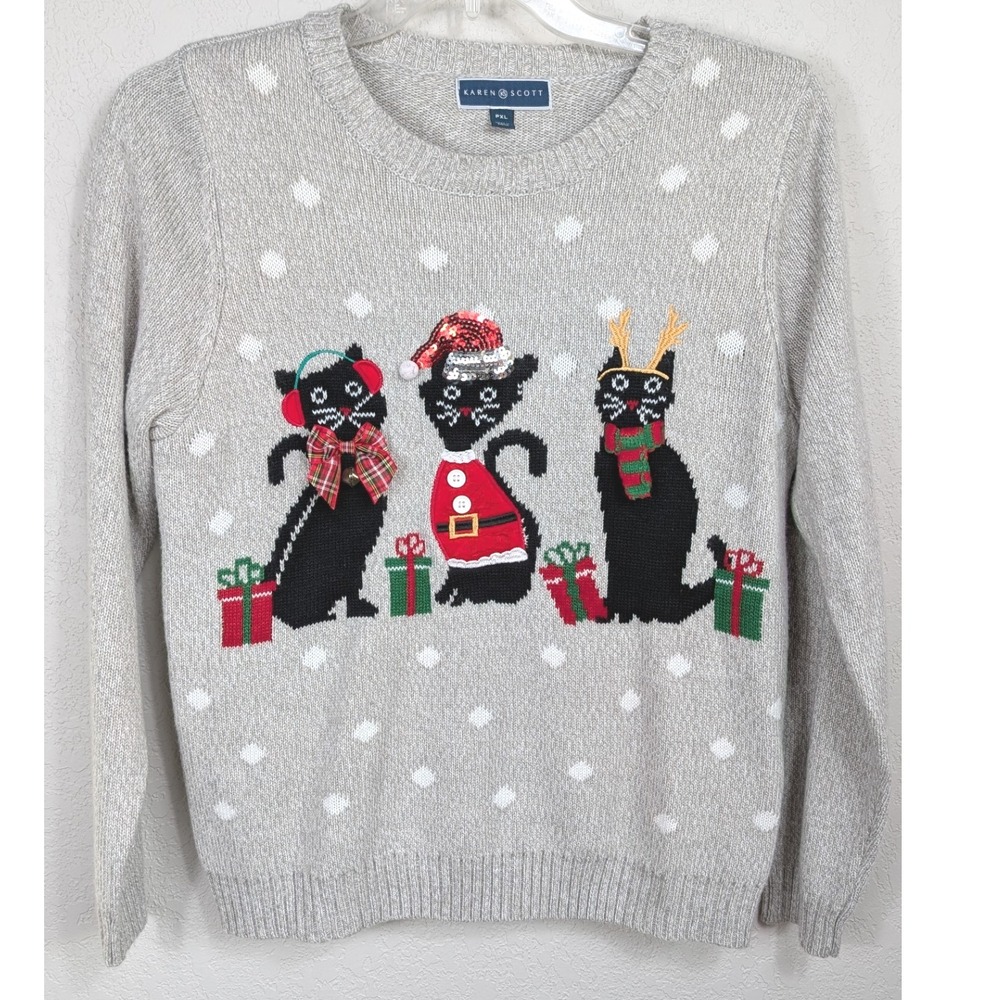 Karen Scott Womens Petite XL Christmas Cats Crew Neck‎ Pullover Sweater